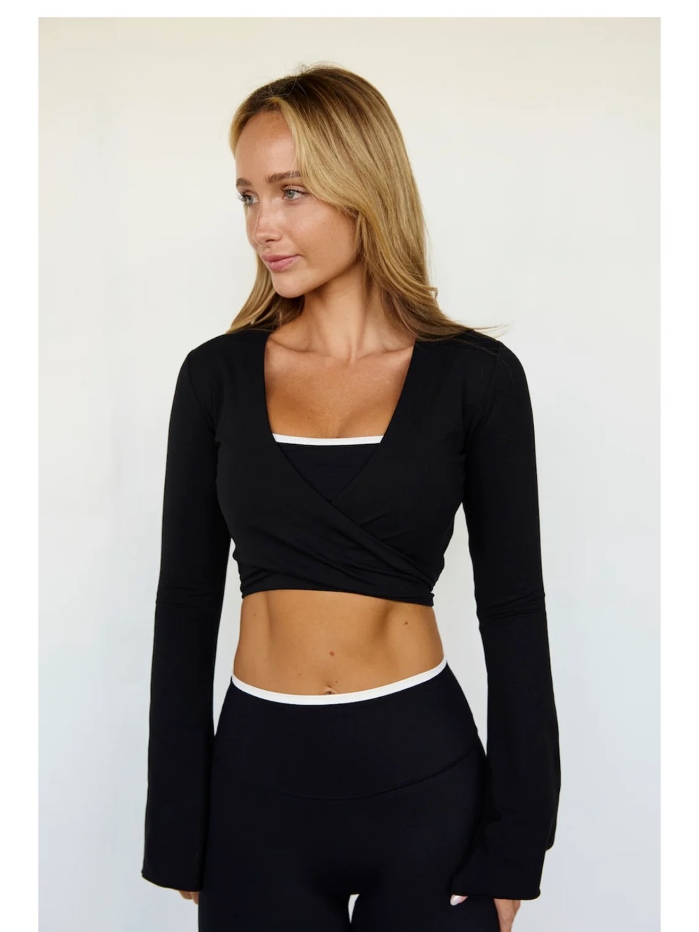 Black Long-Sleeve Wrap Crop Top - Women's